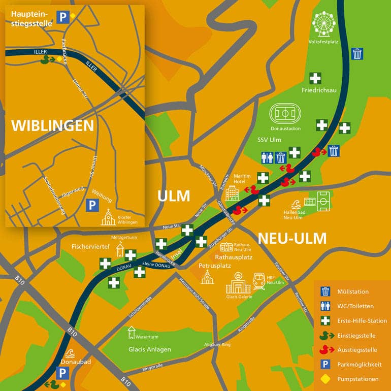 Übersichtskarte Nabada 2023 herausgegeben von der Stadt Ulm für Schwörmontag 2023